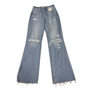 NWT Altar State Womens Jeans Light Wash Distressed Wide Leg Size 25X33‎